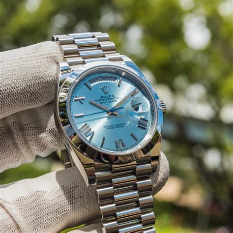 rolex day date 40 platinum ice blue 228206|rolex day date baguette bezel.